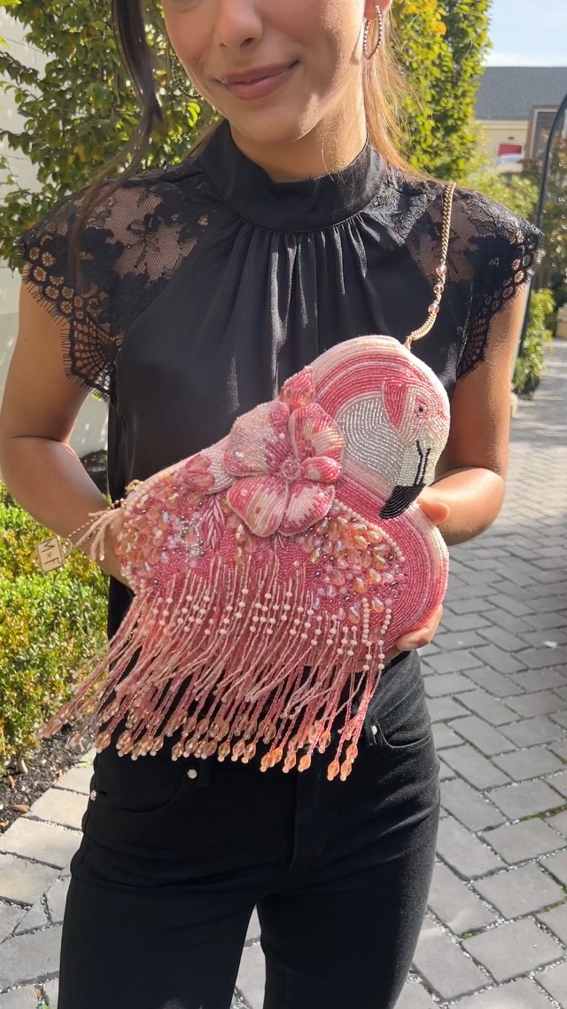 Mary Frances A Leg to Stand On Beaded Crossbody Handbag Flamingo